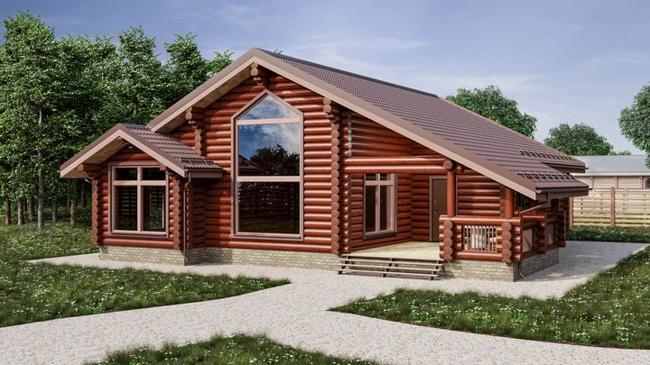 Проект одноэтажного деревянного дома из бревна в стиле шале с большими окнами и террасой 